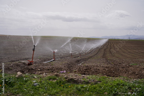 agricultural field with sprinklers