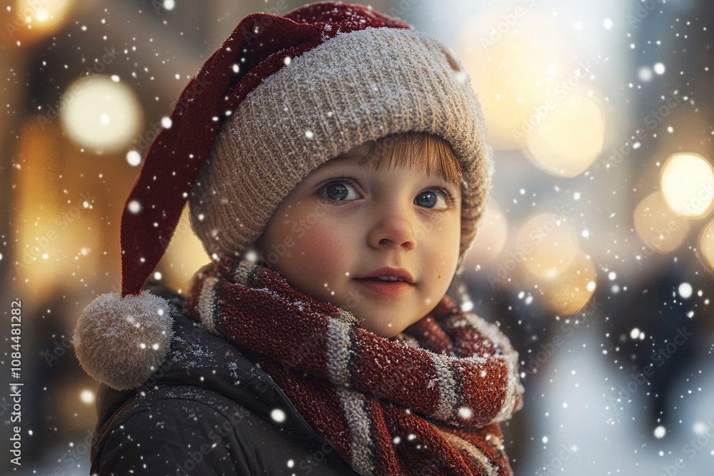 niño con gorro de Sant Claus, está nevando, fondo de aveto decorado con mini lucecitas de navidad, realistic, photo-realistic, hyperrealism, 8k, generative ai niño con gorro de Sant Claus, está nevando, fondo de aveto decorado con mini lucecitas de navidad, realistic, photo-realistic, hyperrealism, 8k, generative ai