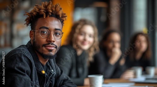 A young man with dreadlocks and glasses looks confidently at the camera while sitting with his friends.