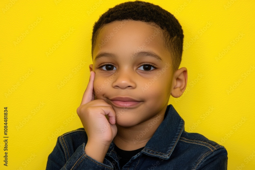 Thoughtful child in denim jacket against bright yellow background Thoughtful child in denim jacket against bright yellow background
