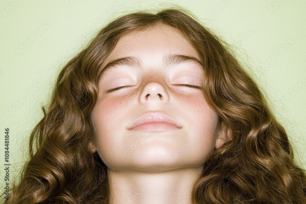 Serene girl with curly hair relaxing against green background Serene girl with curly hair relaxing against green background