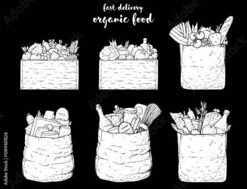 Paper shopping bag products grocery hand drawn sketch illustration. Collection elements for design. Grocery delivery concept. Organic food vector illustration. Grocery shopping. Grocery supermarket