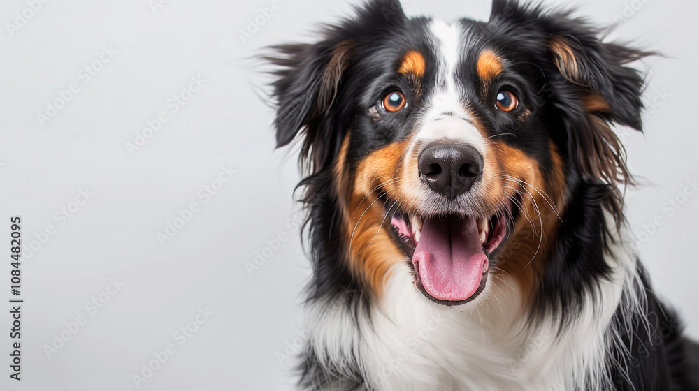 A photo of an Australian Shepherd dog with its tongue out A photo of an Australian Shepherd dog with its tongue out