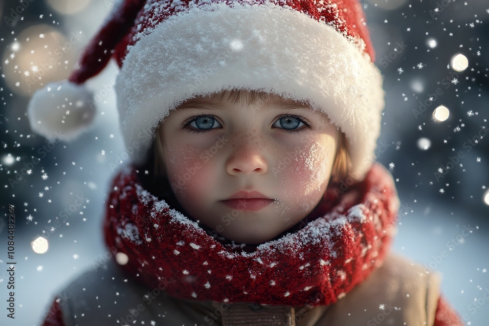 niño con gorro de Sant Claus, está nevando, fondo de aveto decorado con mini lucecitas de navidad, realistic, photo-realistic, hyperrealism, 8k, generative ai niño con gorro de Sant Claus, está nevando, fondo de aveto decorado con mini lucecitas de navidad, realistic, photo-realistic, hyperrealism, 8k, generative ai