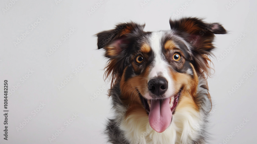 A photo of an Australian Shepherd dog with its tongue out A photo of an Australian Shepherd dog with its tongue out