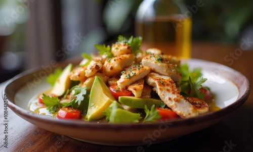 Chicken and avocado salad with a drizzle of olive oil