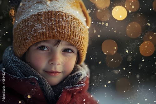 niÃ±o con gorro de Sant Claus, estÃ¡ nevando, fondo de aveto decorado con mini lucecitas de navidad, realistic, photo-realistic, hyperrealism, 8k, generative ai photo