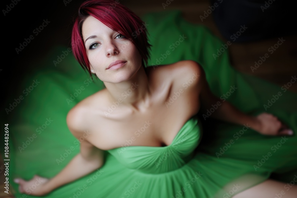 Elegant woman in green dress with short red hair looking upward Elegant woman in green dress with short red hair looking upward