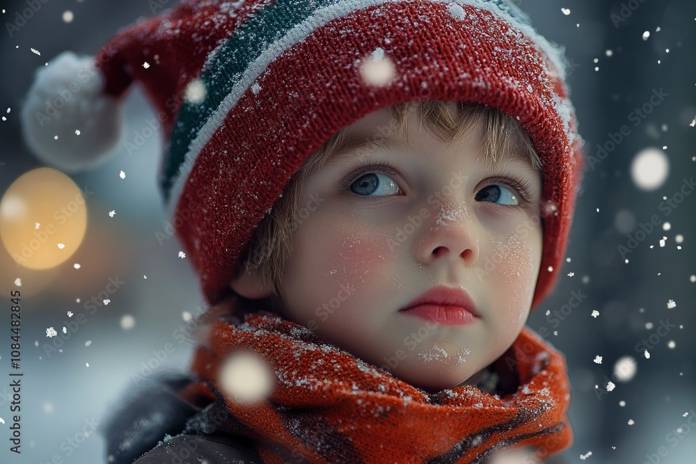 niño con gorro de Sant Claus, está nevando, fondo de aveto decorado con mini lucecitas de navidad, realistic, photo-realistic, hyperrealism, 8k, generative ai niño con gorro de Sant Claus, está nevando, fondo de aveto decorado con mini lucecitas de navidad, realistic, photo-realistic, hyperrealism, 8k, generative ai