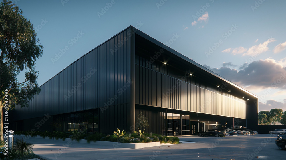Black fluted alucobond cladding on the side of an industrial building Black fluted alucobond cladding on the side of an industrial building