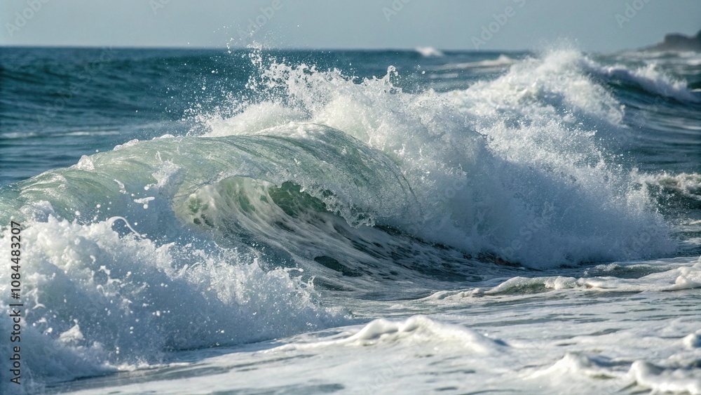 Obraz premium Close-up of a breaking ocean wave showing foam and spray, water movement, coastal scenery