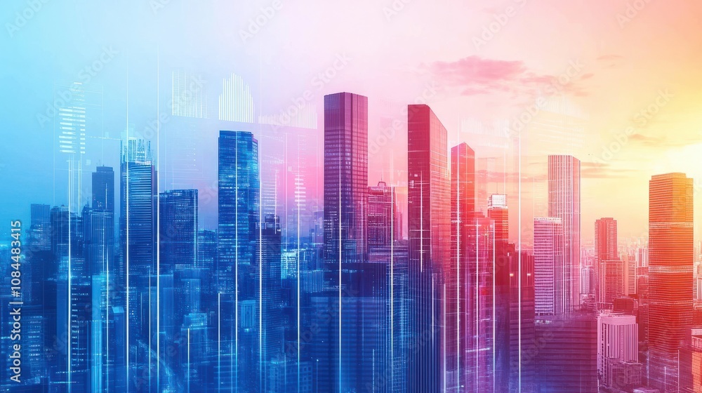 Double explosure with businesss charts and financial district of megapolis city Double explosure with businesss charts and financial district of megapolis city