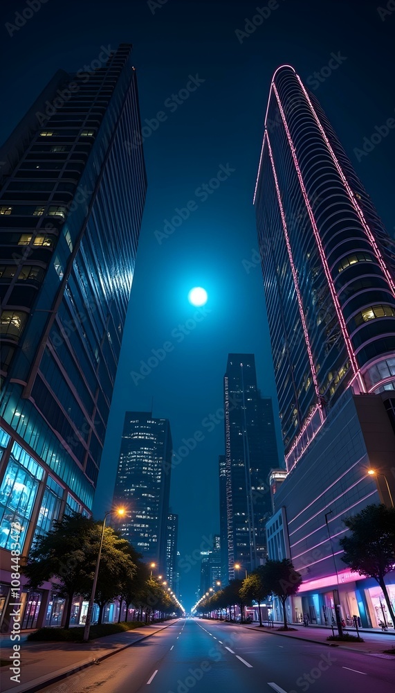 Obraz premium Urban Skyline at Night Skyscrapers and Business Buildings Under Full Moon Sky