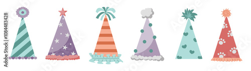 Birthday party hats set. Birthday cap vector clipart.  Cute birthday cone caps. Festive paper caps collection.