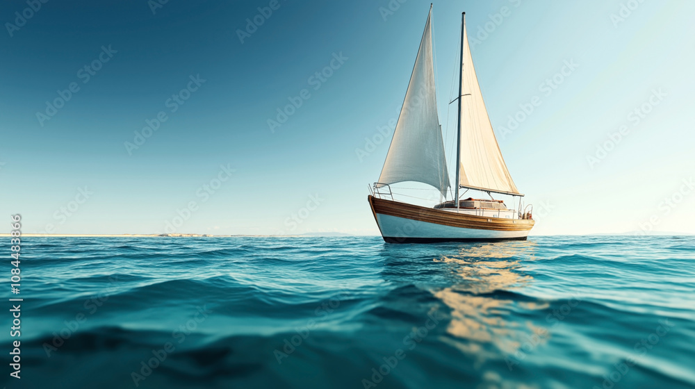 Fototapeta premium Sailboat gliding on tranquil blue ocean under clear sky with distant sandy shoreline in the background
