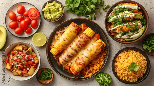 Mexican enchiladas with melted cheese served with rice, guacamole, and fresh toppings on a rustic table. Flat lay food photography.