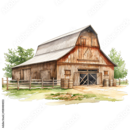 Rustic Wooden Barn with Gable Roof, Surrounded by Fence and Trees