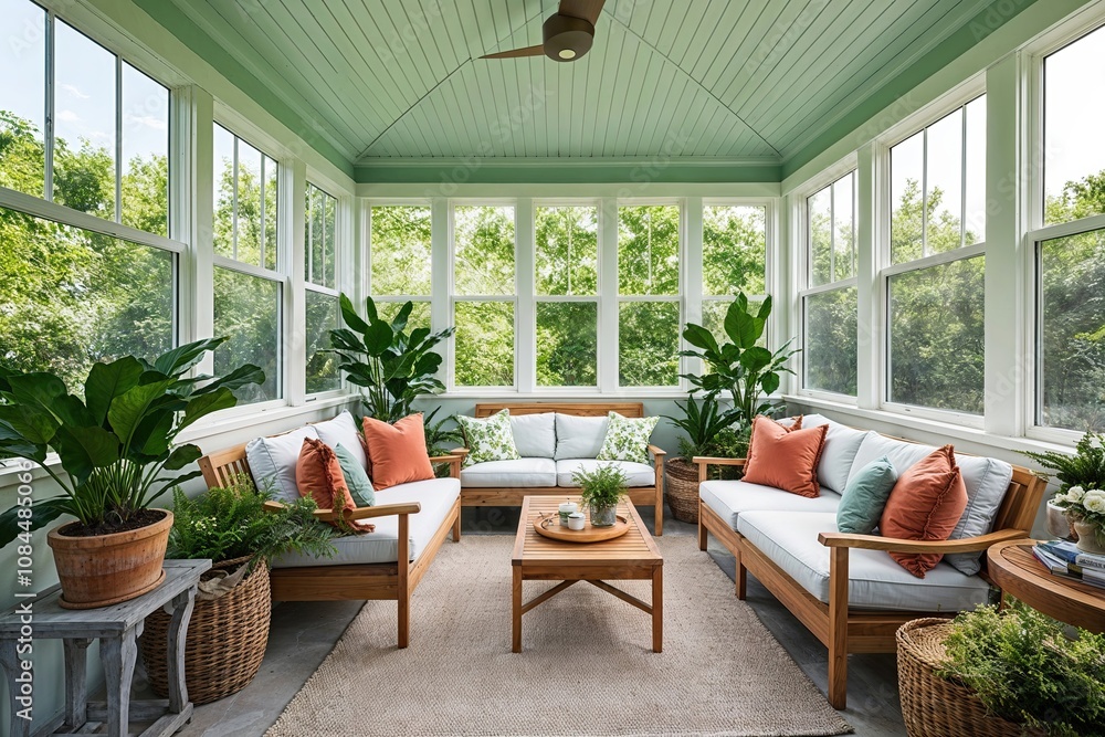 Naklejka premium Sunroom Interior Design Ideas with Abundant Greenery and Cozy Lounges in a Bright Space