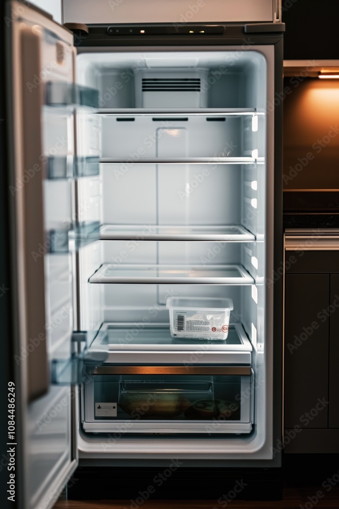 Empty refrigerator with a single container in a modern kitchen illuminated at night Empty refrigerator with a single container in a modern kitchen illuminated at night