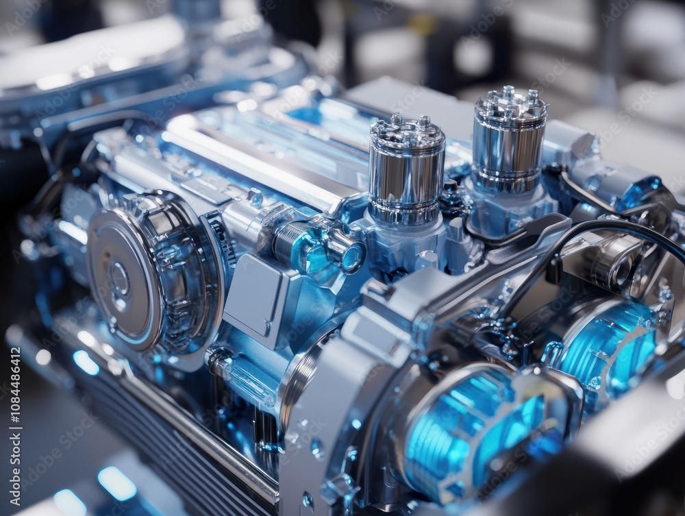 A hybrid engine showcasing both electric and gasoline components, representing the advancement in sustainable and eco-friendly automotive technologies. A hybrid engine showcasing both electric and gasoline components, representing the advancement in sustainable and eco-friendly automotive technologies.