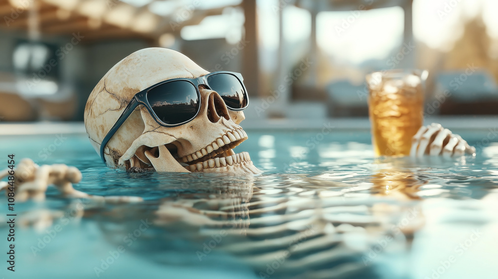 Skull wearing sunglasses in a swimming pool with a hand holding a drink ...