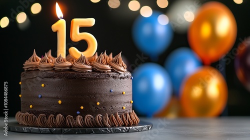 A delicious chocolate birthday cake with a '15' candle, surrounded by colorful balloons celebrating a special day. photo