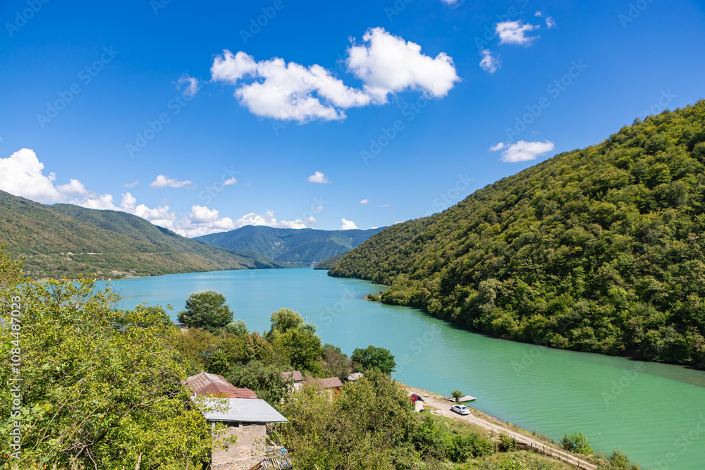 Aragvi River near Medieval Ananuri Fortress in Georgia