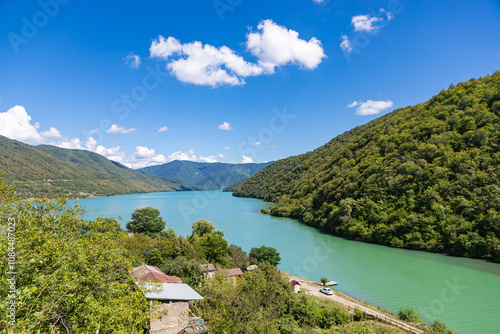 Aragvi River near Medieval Ananuri Fortress in Georgia photo