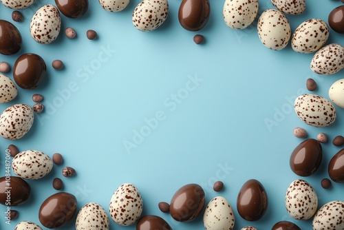 Framed by a light blue background, chocolate easter eggs and chocolate drops provide space for festive greetings or promotional messages photo