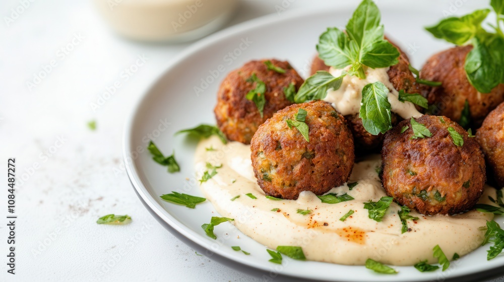 Delicious green falafels served on a white plate with creamy sauce and garnished with fresh herbs Delicious green falafels served on a white plate with creamy sauce and garnished with fresh herbs