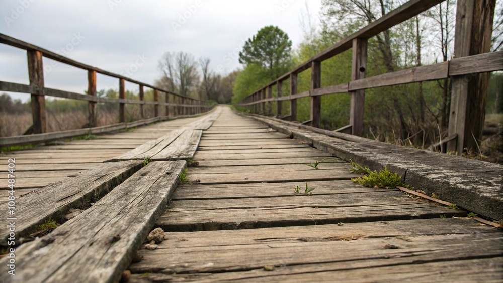 Close-up of worn, weathered wooden planks on a dilapidated bridge, rustic, weathering, grungy, decay, rusty metal Close-up of worn, weathered wooden planks on a dilapidated bridge, rustic, weathering, grungy, decay, rusty metal