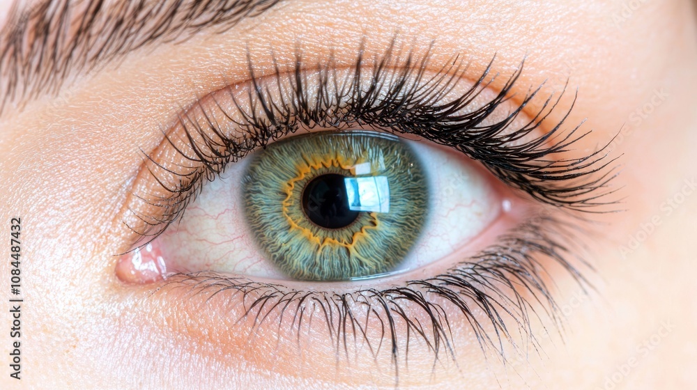 Close-up of a Beautiful Green Iris with Intricate Patterns and Long, Defined Eyelashes Highlighting the Unique Features of the Human Eye in Natural Light Close-up of a Beautiful Green Iris with Intricate Patterns and Long, Defined Eyelashes Highlighting the Unique Features of the Human Eye in Natural Light