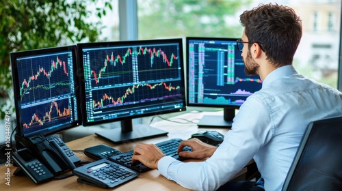 Professional Man Analyzing Financial Data on Multiple Monitors in a Modern Office Environment for Stock Market Research and Economic Insights