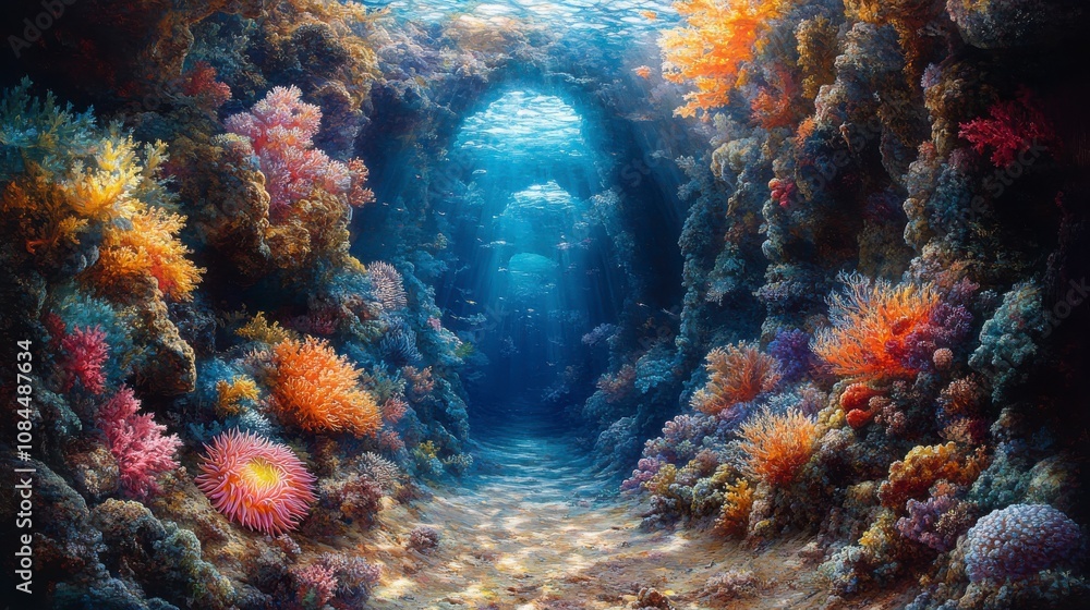 Fototapeta premium Stunning Underwater Coral Reef Pathway - A Colorful Dive into the Ocean Depths