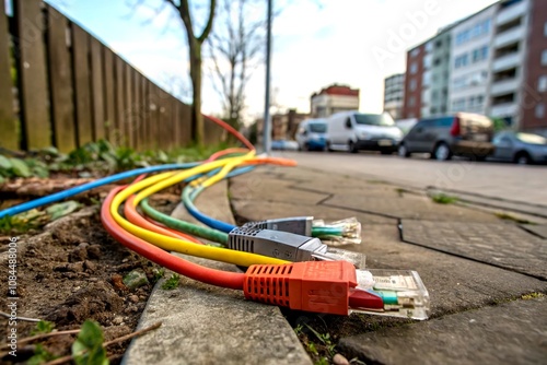 Network Internet Cables in Urban Environment: A Close-Up Portrait of Colorful Ethernet Cables Outdoors, Showcasing Connectivity and Technology in a Natural Setting