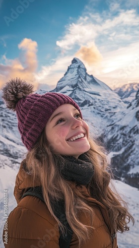 Park, Snow Mountain, Girl, Smile, Hat, Muted Tones,jojo's bizarre adventure,soft light, Panoramic view, Ultra Wide Angle Above, 4k,generative ai photo