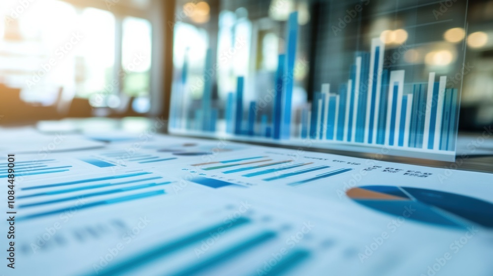 Modern office meeting with graphs and charts on the table Modern office meeting with graphs and charts on the table