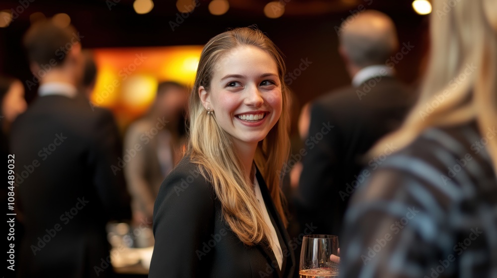 Young woman smiling at an upscale event with drinks in hand Young woman smiling at an upscale event with drinks in hand