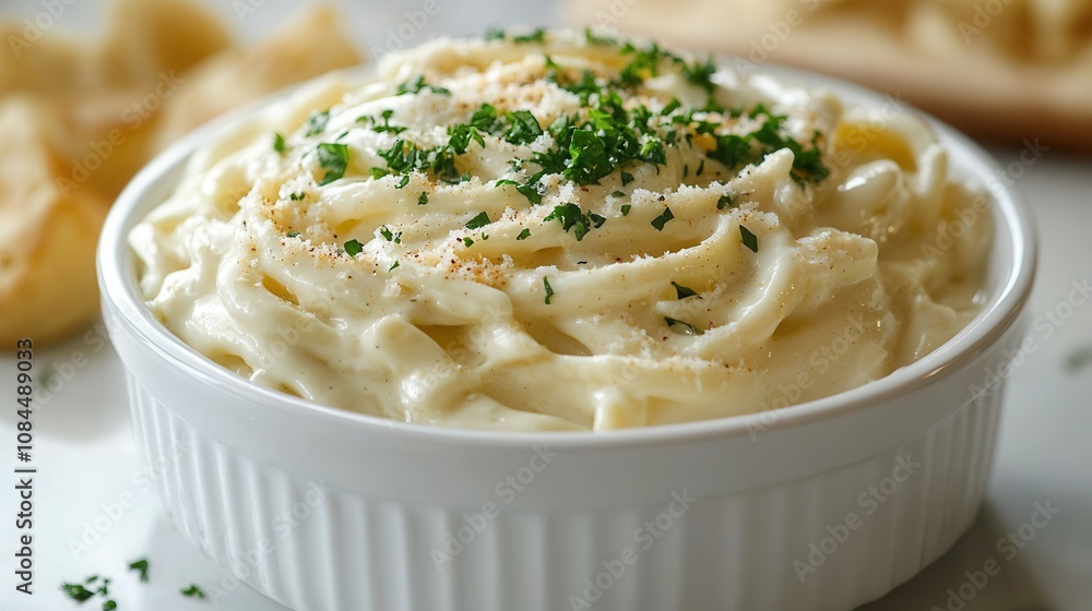 Delicious creamy alfredo sauce served in a white dish for a comforting and flavorful meal experience during any time of the day Delicious creamy alfredo sauce served in a white dish for a comforting and flavorful meal experience during any time of the day
