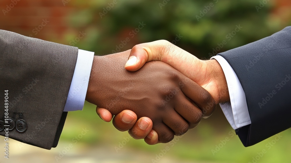 Two businesspeople shake hands in a professional setting outdoors Two businesspeople shake hands in a professional setting outdoors