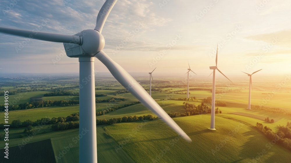 Wind turbines generate renewable energy in rural landscape at sunset