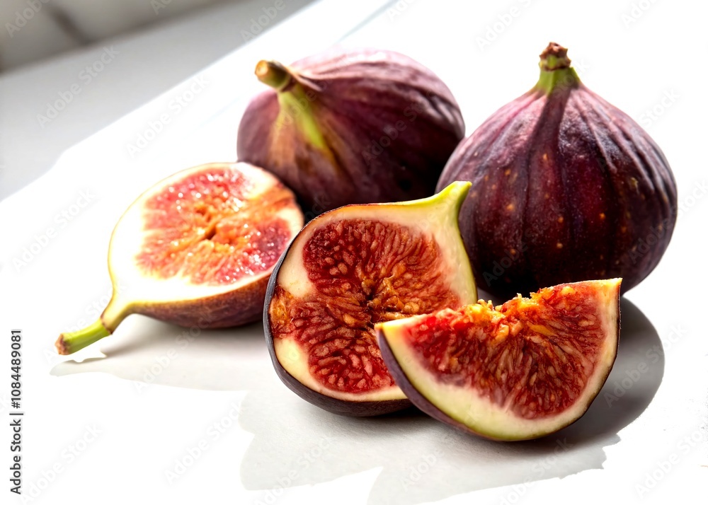 Night Photography of Fresh Figs Isolated on a White Background, Highlighting Their Rich Color and Texture for Culinary and Food Photography Use Night Photography of Fresh Figs Isolated on a White Background, Highlighting Their Rich Color and Texture for Culinary and Food Photography Use