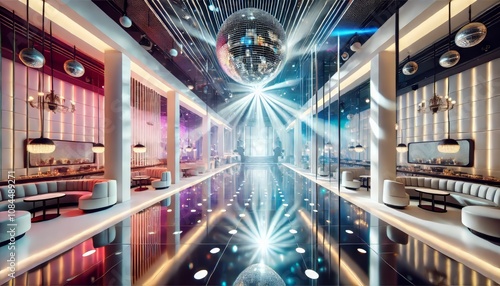 modern nightclub interior with disco ball, vibrant lighting, and sleek design for club opening event
 photo