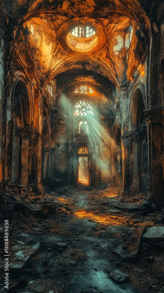 Naklejka premium Sunlit Ruins of a Burned Church: A Timeless Architectural Tragedy