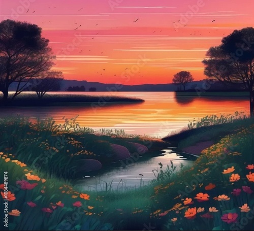 Amazing sunset over the river