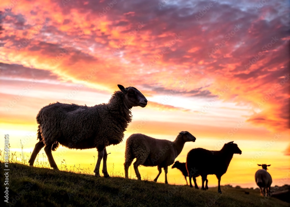 Fototapeta premium Panoramic Silhouettes of Various Sheep Breeds Against a Sunset Background, Capturing the Essence of Pastoral Life in Stunning Detail for Nature Lovers and Farming Enthusiasts
