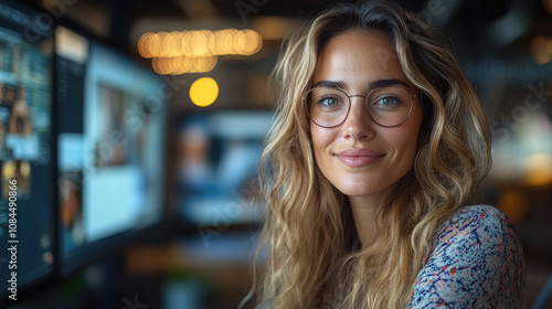 Free Download Confident Young Woman Working on Computer at Night - GFXLoad