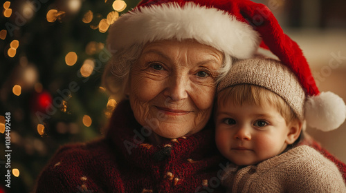 Grandmother and grandchild enjoying a cozy Christmas together in front of a beautifully lit tree