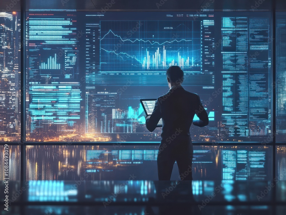 Businessman analyzing company financial balance sheet working with digital virtual graphics Businessman calculating financial data for long term investment growth goals, vertical Businessman analyzing company financial balance sheet working with digital virtual graphics Businessman calculating financial data for long term investment growth goals, vertical