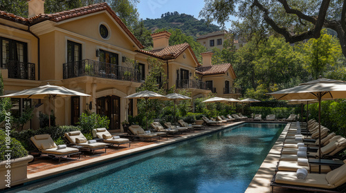 Wallpaper Mural A charming villa featuring a pristine pool surrounded by comfortable loungers and shady umbrellas, nestled in a lush garden under clear skies Torontodigital.ca